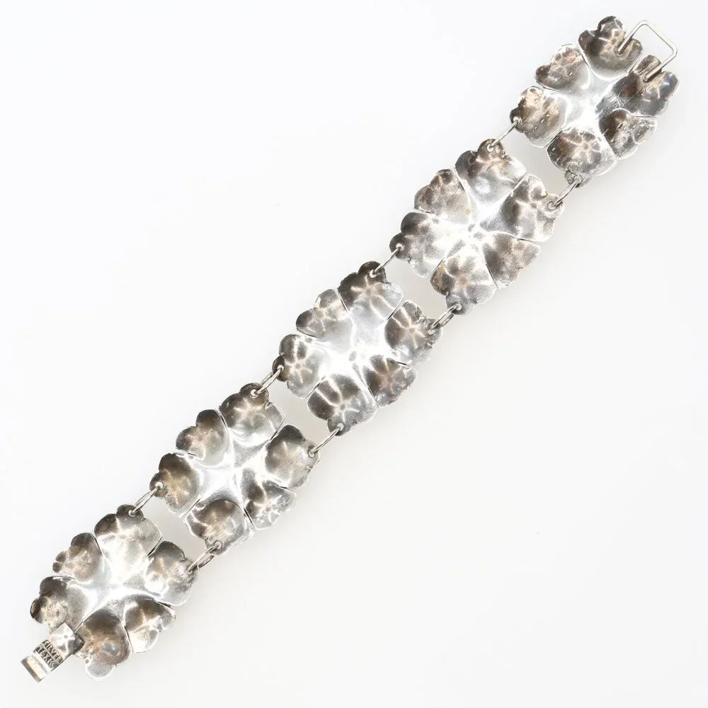 Vintage Mexican Silver Large Cabbage Floral Five Link Chunky Bracelet 1940s
